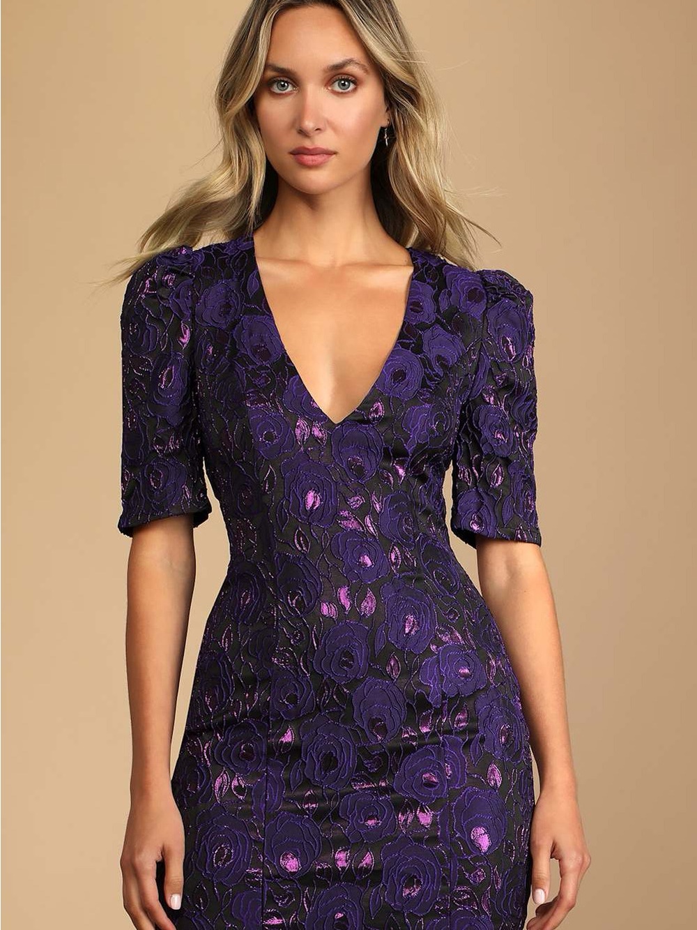NWT Lulus Extravagant Party Shiny Purple Floral Jacquard Bodycon Dress Size Smal - Picture 3 of 12